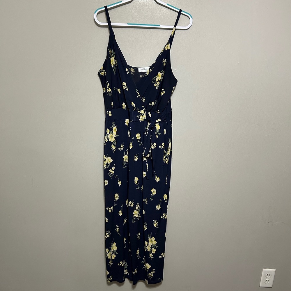 Kaileigh Women's Jumpsuit 2X Navy Blue Yellow Floral Wide Leg V Neck Faux Wrap